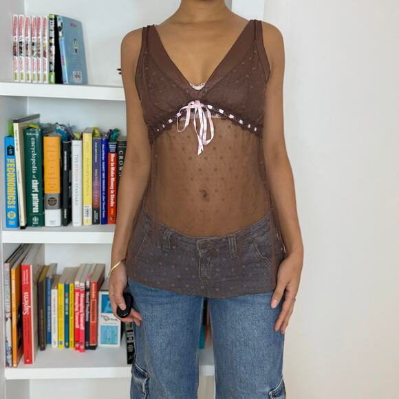 Vintage Sheer Brown Mesh Camisole with Pink Ribbon Detail (S/M) - Picture 7 of 9